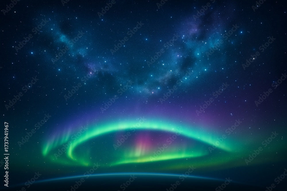 Obraz premium Cosmic Abstract Background with Aurora Borealis and Starry Sky