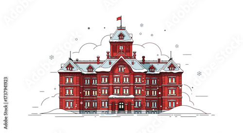 A grand red historic building covered in snow, evoking a sense of winter charm and nostalgia
