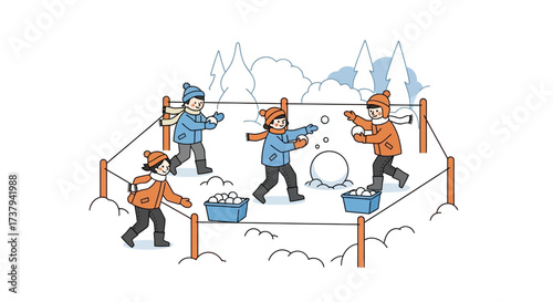 Children having fun playing snowball fight in a snowy winter outdoor playground surrounded by trees and snow-covered ground