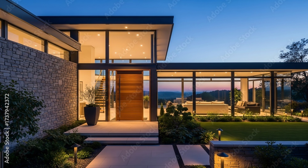 Fototapeta premium Modern Home Exterior at Dusk