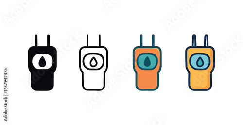 Vector icon moisture meter same pose same proportions four styles black solid glyph outline minimal flat multicolor filled cartoon flat shaded.