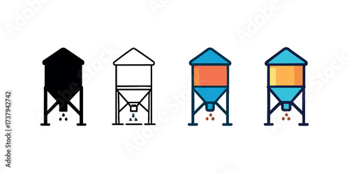Vector icon silo loader same pose same proportions four styles black solid glyph outline minimal flat multicolor filled cartoon flat shaded.