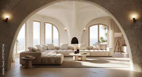 Modern Mediterranean Living Room with Arched Windows and Coastal View