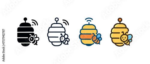Vector icon smart beehive same pose same proportions four styles black solid glyph outline minimal flat multicolor filled cartoon flat shaded.