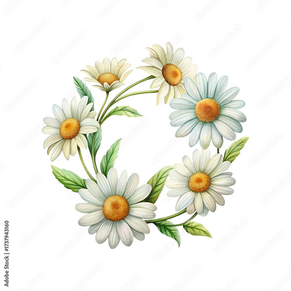 Obraz premium Daisy Delight Wreath Illustration Featuring Fresh Green Leaves and Tender Petals