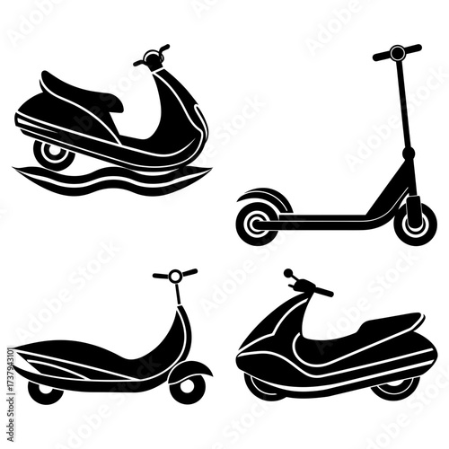 Illustration of four different types of scooters in black silhouette on a white background design art 100