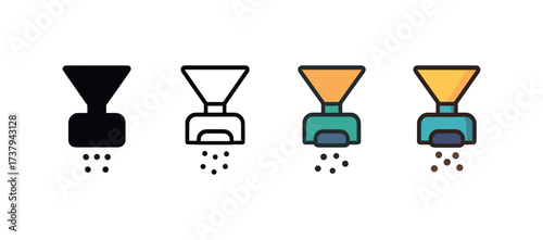 Vector icon grain separator same pose same proportions four styles black solid glyph outline minimal flat multicolor filled cartoon flat shaded.