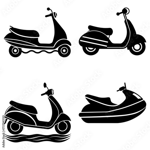 Four black silhouette illustrations of scooters and a jet ski arranged on a white background design