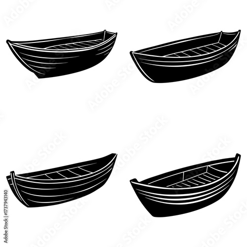 Four black and white rowboats arranged in a square pattern on a white background in a simple illustration