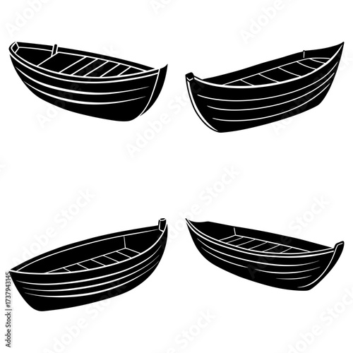 Collection of four black and white rowboats with detailed planking and varying perspectives shown here