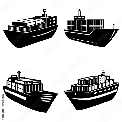 Illustration featuring four distinct black and white cargo ships with container stacks and visible details