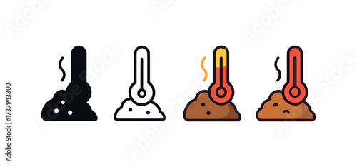 Vector icon compost thermometer same pose same proportions four styles black solid glyph outline minimal flat multicolor filled cartoon flat shaded.