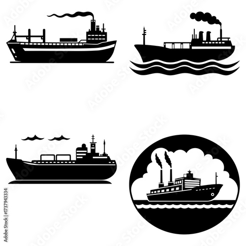 Illustration showing four black and white silhouettes of cargo ships and steamships with smoke stacks