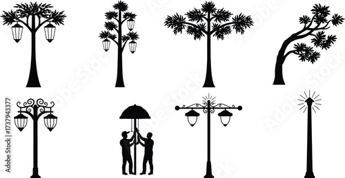 Silhouette illustration of street lamps, urban trees, workers repairing outdoor lights, decorative lanterns and modern lighting elements for city design.