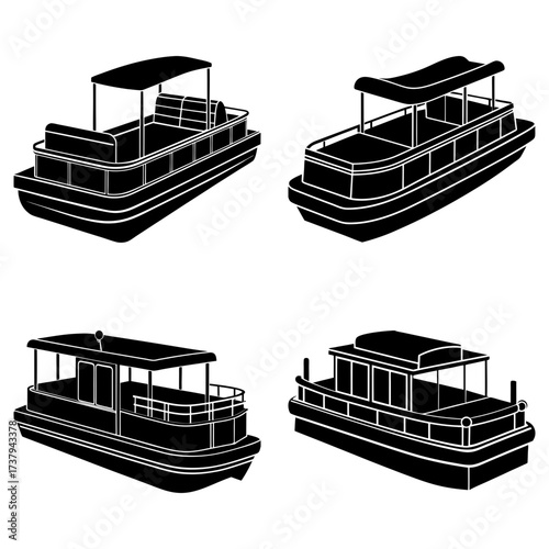 Four black and white pontoon boats with canopies and railings in various perspectives and orientations