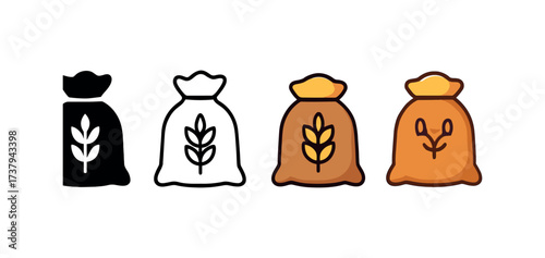 icon grain bag same pose same proportions four styles black solid glyph outline minimal flat multicolor filled cartoon flat shaded.