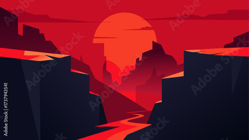 Sunset over a canyon with lava river view