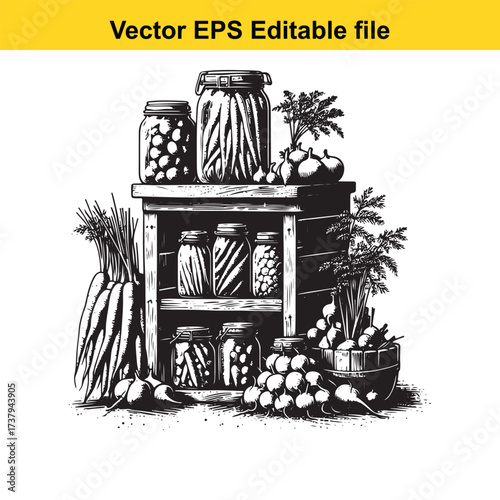 Vector art of vintage pantry shelf with preserved vegetables