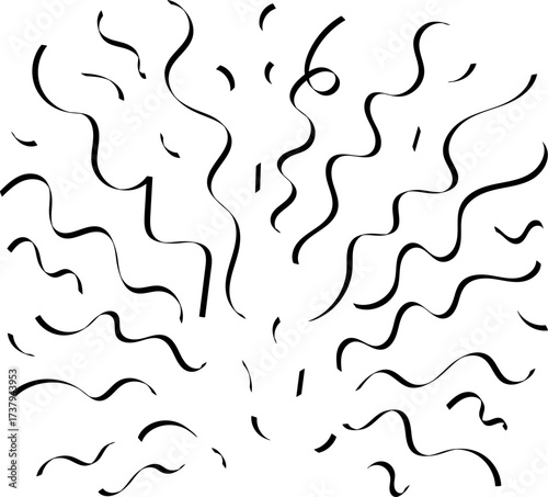 Black outline illustration of festive confetti ribbons scattered on a transparent background. Decorative vector element for celebration, party, and holiday designs
