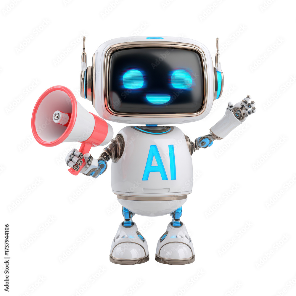 Naklejka premium Friendly AI robot with megaphone on transparent background