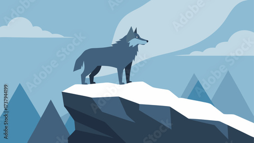 Wolf standing on a snowy mountain peak