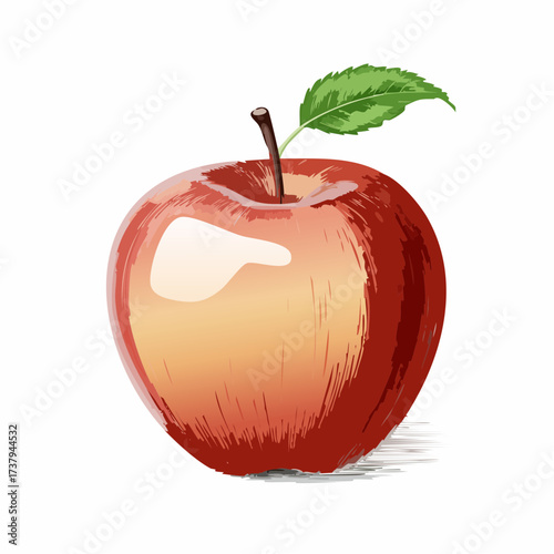 Vibrant red apple with a fresh green leaf and stem, depicted in a stylized, artistic manner with visible brush strokes on a white background.