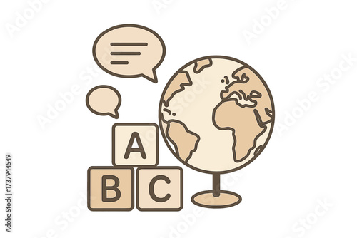 World globe with colorful alphabet letter blocks and communication speech bubbles