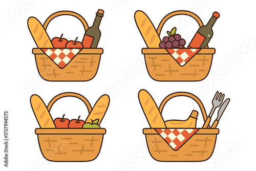 Collection of picnic baskets filled with various food items and drinks for outdoor dining