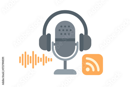 Microphone with headphones and sound waves for podcasting and audio broadcasting