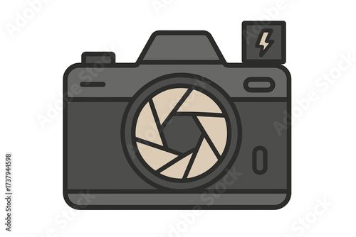 Classic photographic camera with visible aperture blades and flash symbol