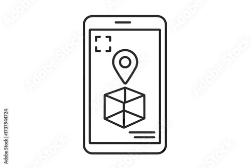 Mobile phone displaying augmented reality features with location pin and 3D box