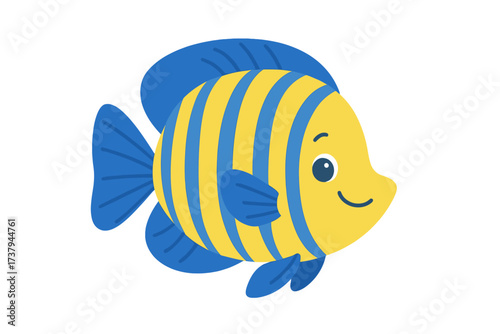 Cute yellow and blue striped tropical fish with a friendly smile swimming underwater