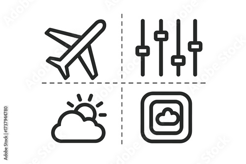 Modern line icons representing travel, settings, weather, and cloud technology