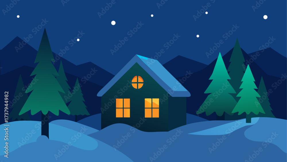 Naklejka premium House in winter landscape at nighttime