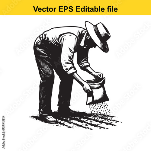 Vector art of farmer sowing seeds in a field