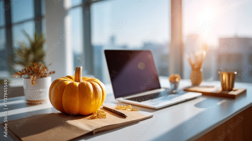 © O - Orange pumpkin on office desk with laptop. Autumn season at modern workplace. Fall business concept with sunlight.