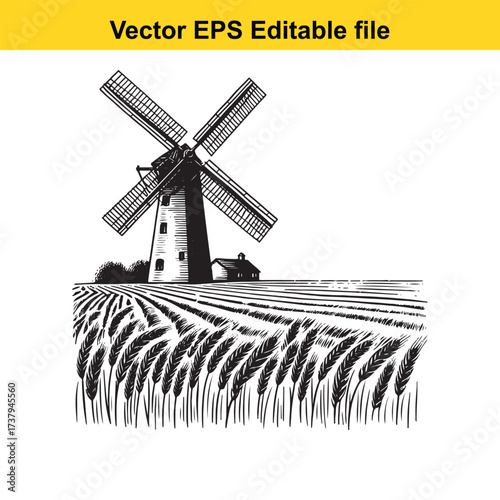 Vector art of vintage windmill in a wheat field