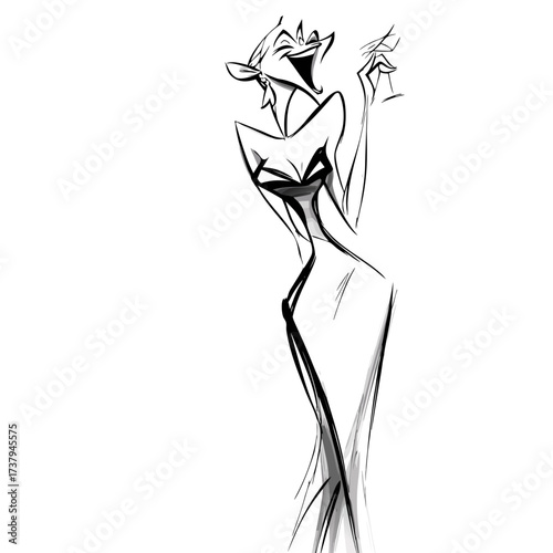 Elegant woman singing while holding a drink in a minimalist style  