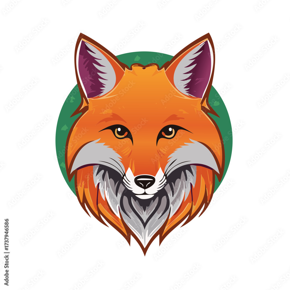 Obraz premium Fox Portrait with Green Circle Silhouette Orange and Gray Illustration