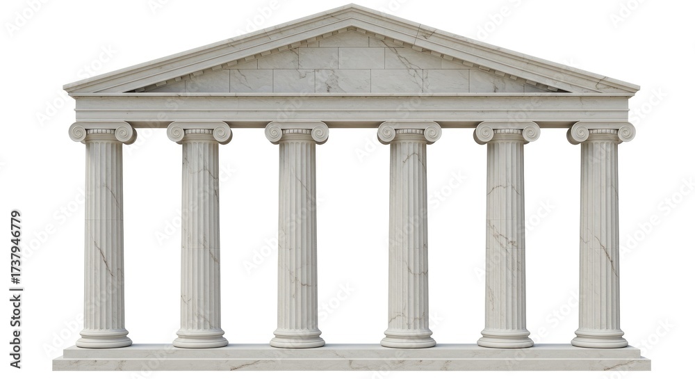 Obraz premium Greek and Roman temple with columns, an ancient marble architectural illustration. Vector design of pillars, Parthenon-style palace, and 3D classical structure on a dark background. 