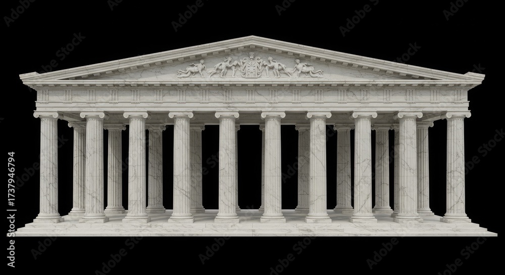 Fototapeta premium Greek and Roman temple with columns, an ancient marble architectural illustration. Vector design of pillars, Parthenon-style palace, and 3D classical structure on a dark background. 