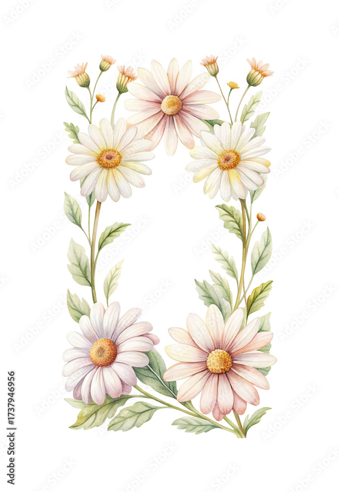 Fototapeta premium Watercolor daisy frame with soft pastel colors and green leaves backdrop