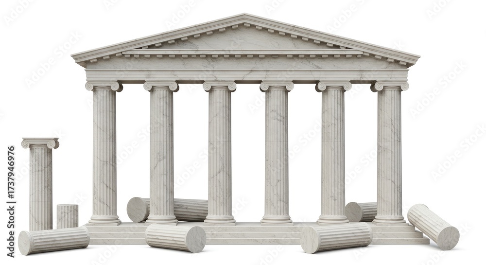 Obraz premium Greek and Roman temple with columns, an ancient marble architectural illustration. Vector design of pillars, Parthenon-style palace, and 3D classical structure on a dark background. 