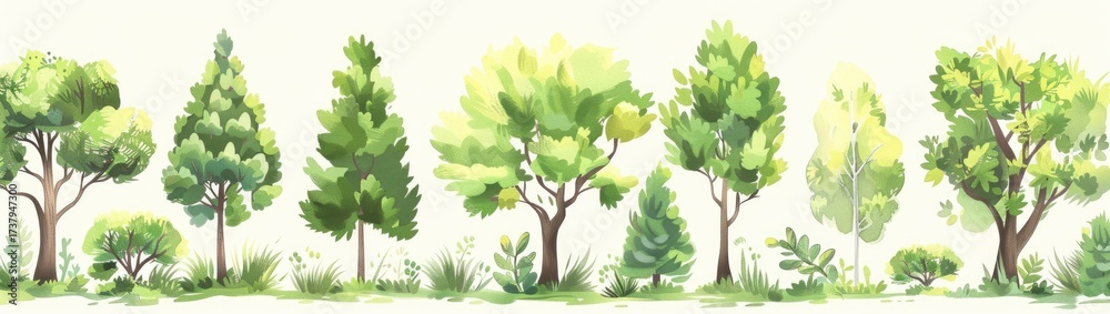 Fototapeta premium Watercolor trees landscape illustration for use as a background or border