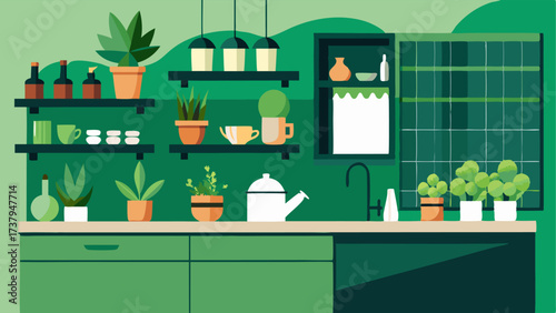 A kitchen with a green accent wall and shelves lined with succulents and herbs.