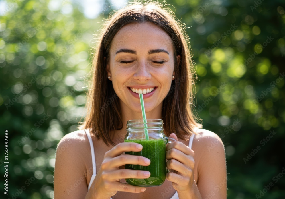 Fototapeta premium Woman enjoying a refreshing green smoothie outdoors with a smile.