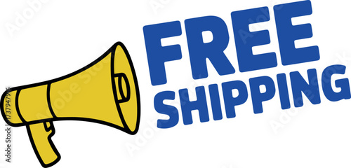 A yellow megaphone announcing free shipping in bold blue letters, isolated on a transparent background, symbolizing a special offer or promotion for customers
