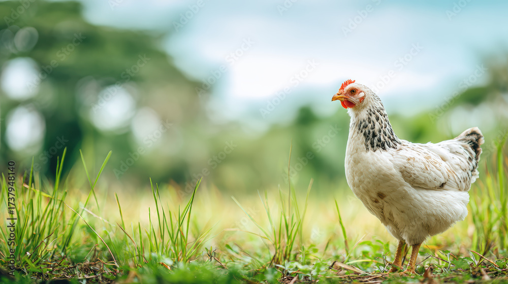 Obraz premium Curious white and black chicken hen stands alert in green grass on an outdoor farm. peaceful, beautiful nature background with bokeh