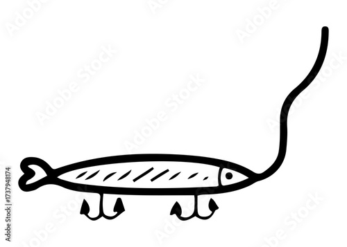 Fishing spoon with hooks. Hand drawn doodle vector. Spinning rod equipment. Wobbler, lure. Artificial fish. Seafood catch. Lake camping. Fishery tackle. Line art illustration.