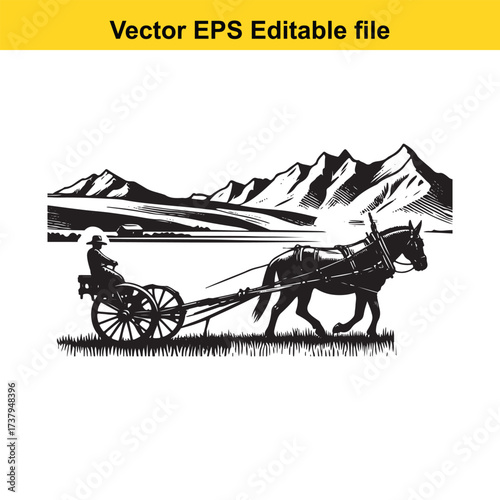 Vector art of horse and cart with mountains in the background